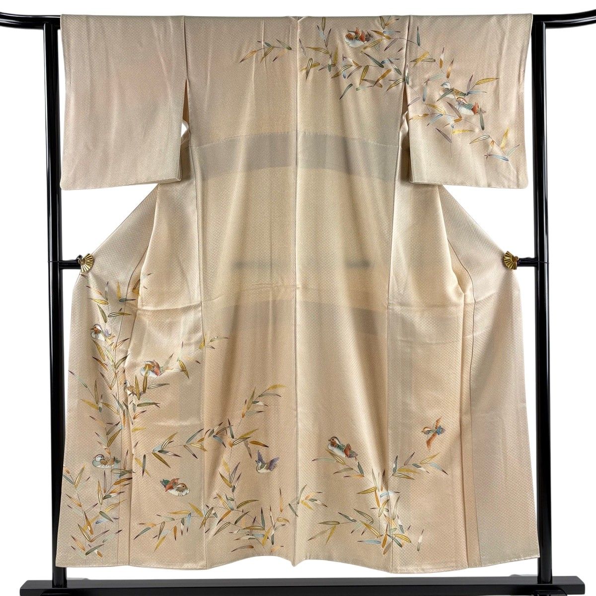 訪問着 身丈152.5cm 裄丈63cm S 袷 鴛鴦 葉柄 刺繍 金糸 薄茶色 正絹 秀品 一つ紋 【中古】