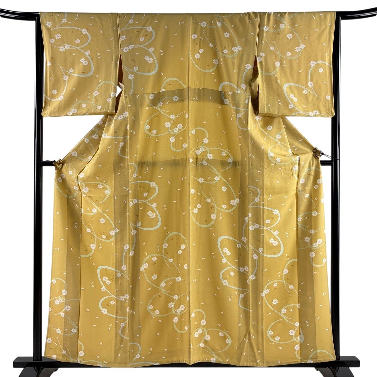 小紋 身丈159.5cm 裄丈65.5cm M 単衣 花びら 花 金彩 からし色 正絹 秀品 【中古】