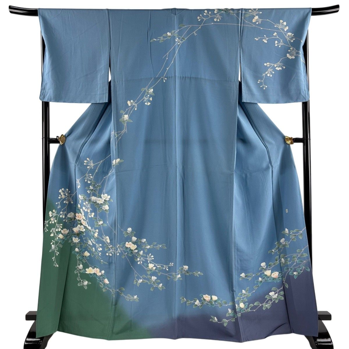訪問着 身丈169cm 裄丈68cm L 単衣 落款 枝花 染め分け 水色 正絹 秀品 【中古】