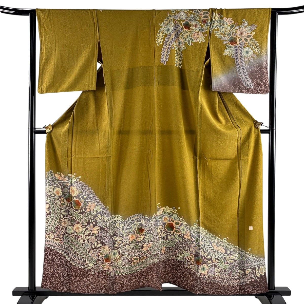 訪問着 身丈159cm 裄丈63.5cm S 単衣 落款 辻が花 染め分け 山吹茶色 正絹 秀品 【中古】