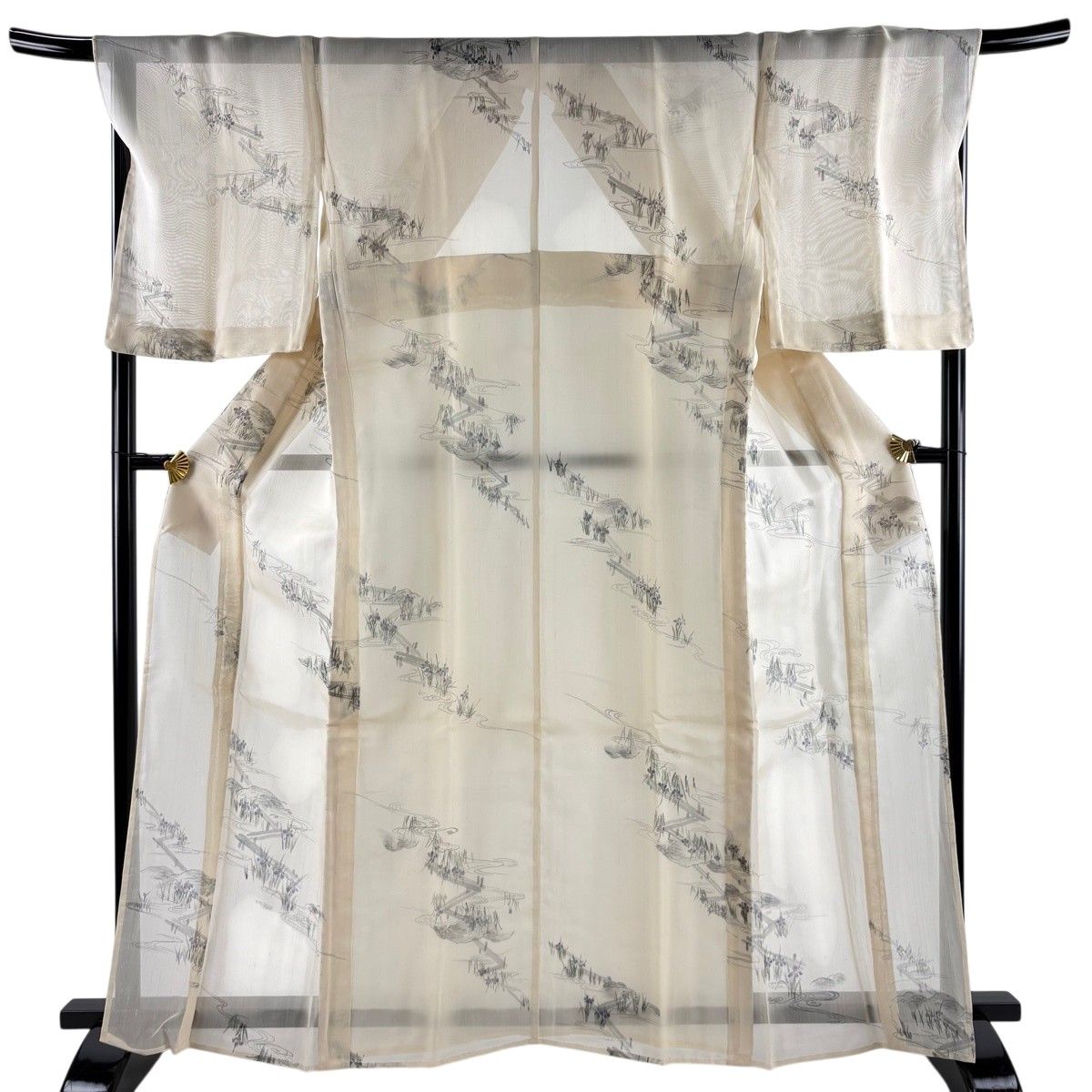 【美品】 小紋 身丈166cm 裄丈68cm L 薄物 夏紬地 草花 八ツ橋 ベージュ 正絹 秀品 【中古】 8,496円