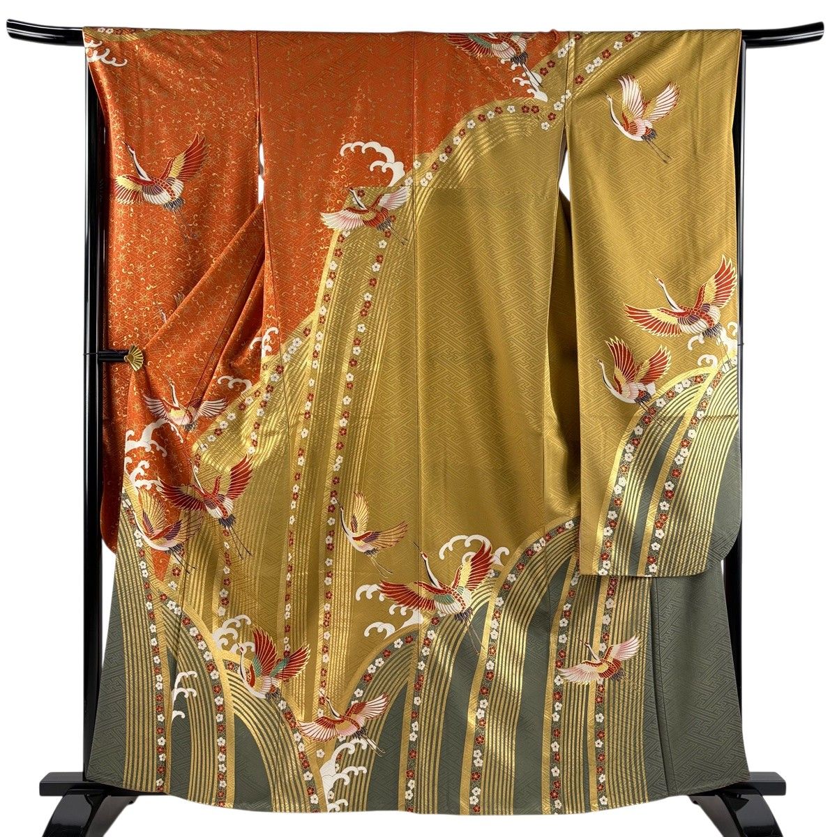 振袖 身丈162.5cm 裄丈66cm M 袷 鶴 波頭 金彩 染め分け オレンジ 正絹 秀品 【中古】