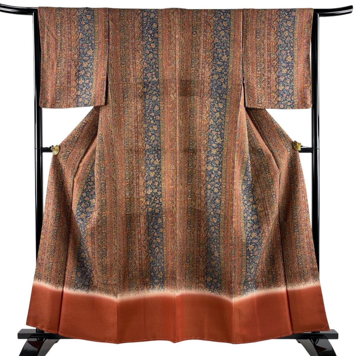 【美品】 付下げ 身丈158.5cm 裄丈63.5cm S 袷 草花 縦縞 金通し 赤茶 正絹 秀品 【中古】