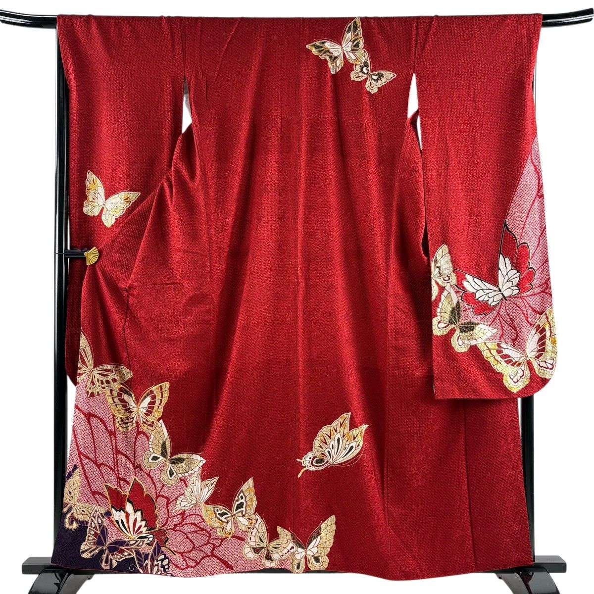 振袖 身丈159cm 裄丈67.5cm L 袷 蝶 花 金糸 金彩 赤 正絹 秀品 【中古】
