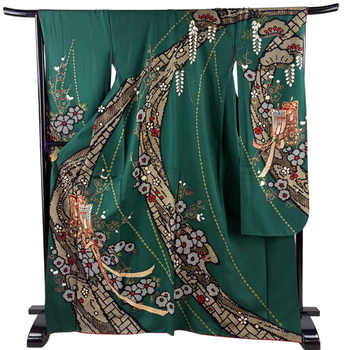 振袖 身丈169.5cm 裄丈67.5cm L 袷 御所車 梅 金彩 緑 正絹 秀品 【中古】