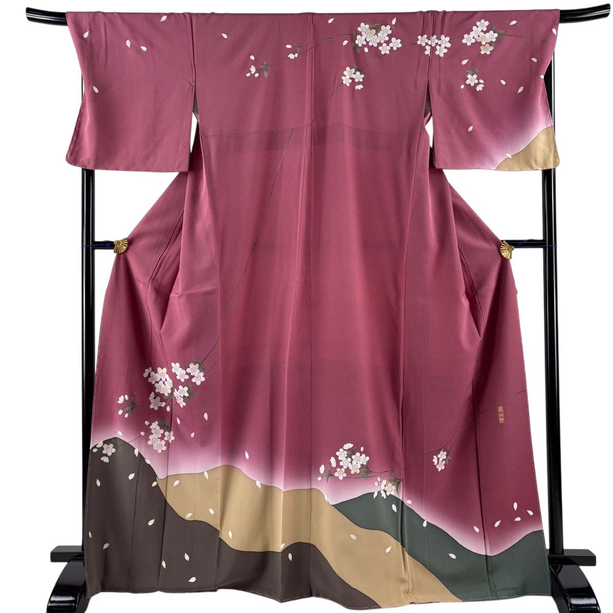 訪問着 身丈169cm 裄丈69cm L 袷 花山粋 桜 山並み ぼかし 金彩金彩 赤紫 正絹 秀品 【中古】