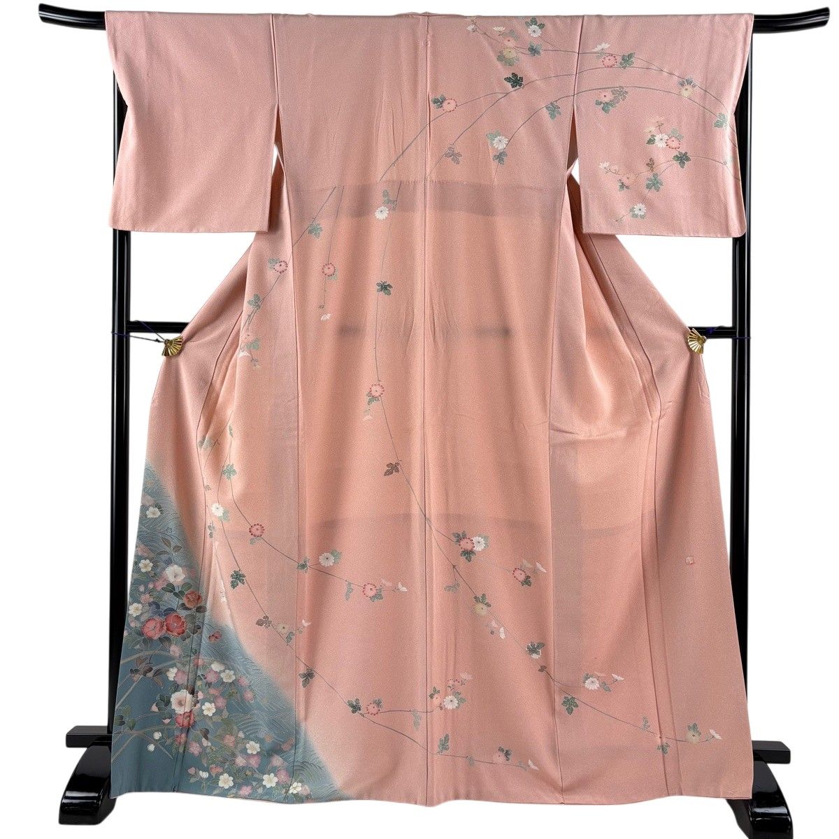 訪問着 身丈167.5cm 裄丈68.5cm L 袷 落款 椿 菊 染め分け ぼかし ピンク 正絹 秀品 一つ紋 【中古】