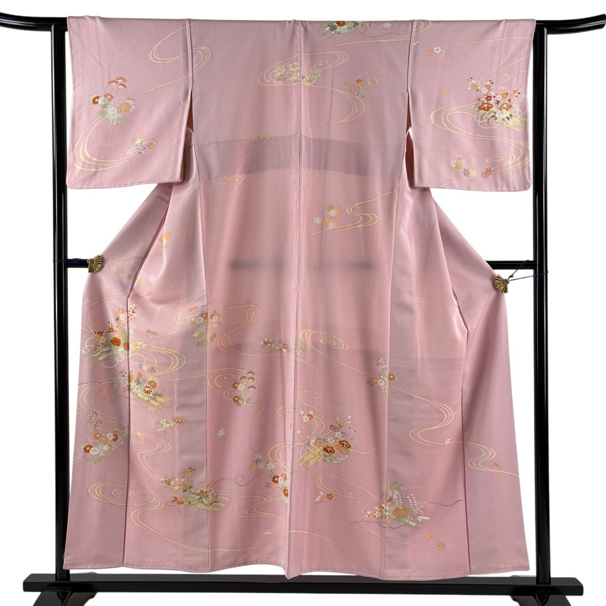 訪問着 身丈152cm 裄丈64.5cm M 袷 花筏 流水 金糸 金彩 ピンク 正絹 秀品 一つ紋 【中古】
