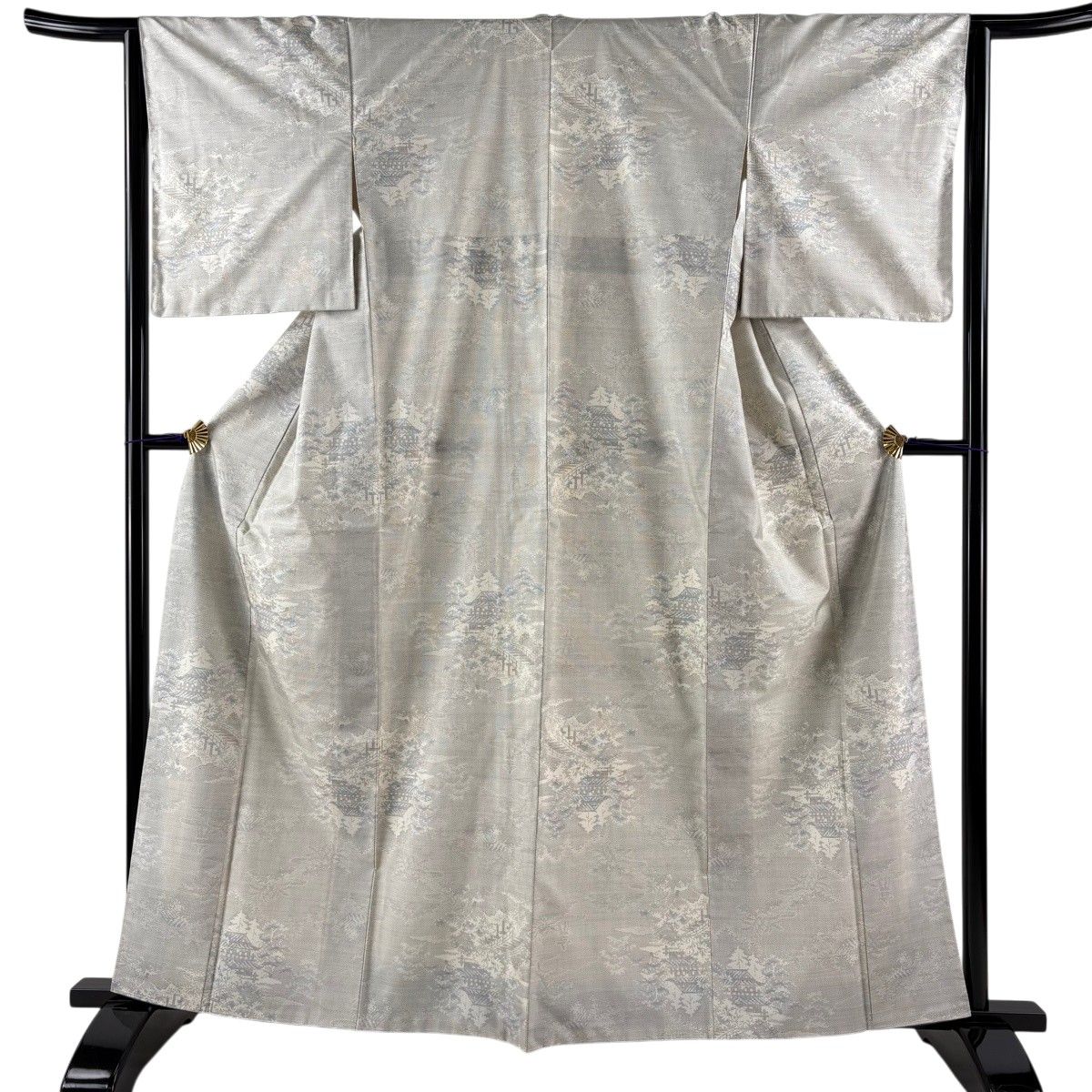 紬 身丈162.5cm 裄丈64cm M 袷 風景 建物 灰白 正絹 秀品 【中古】