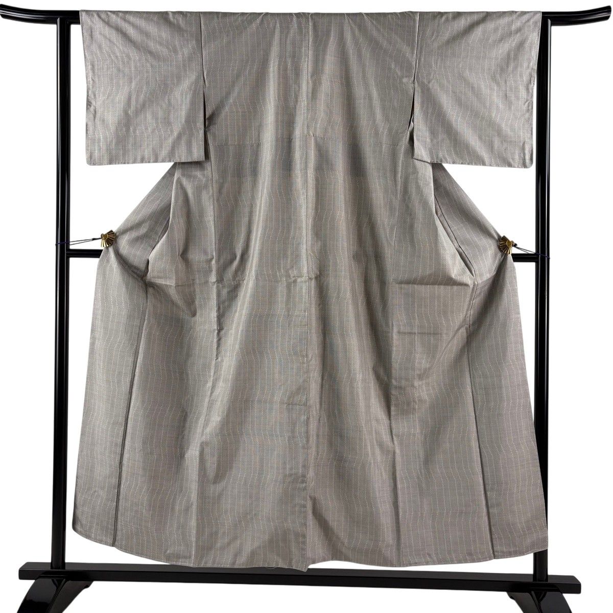 【美品】 紬 身丈153cm 裄丈62.5cm S 袷 縞 亀甲絣 灰色 正絹 秀品 【中古】