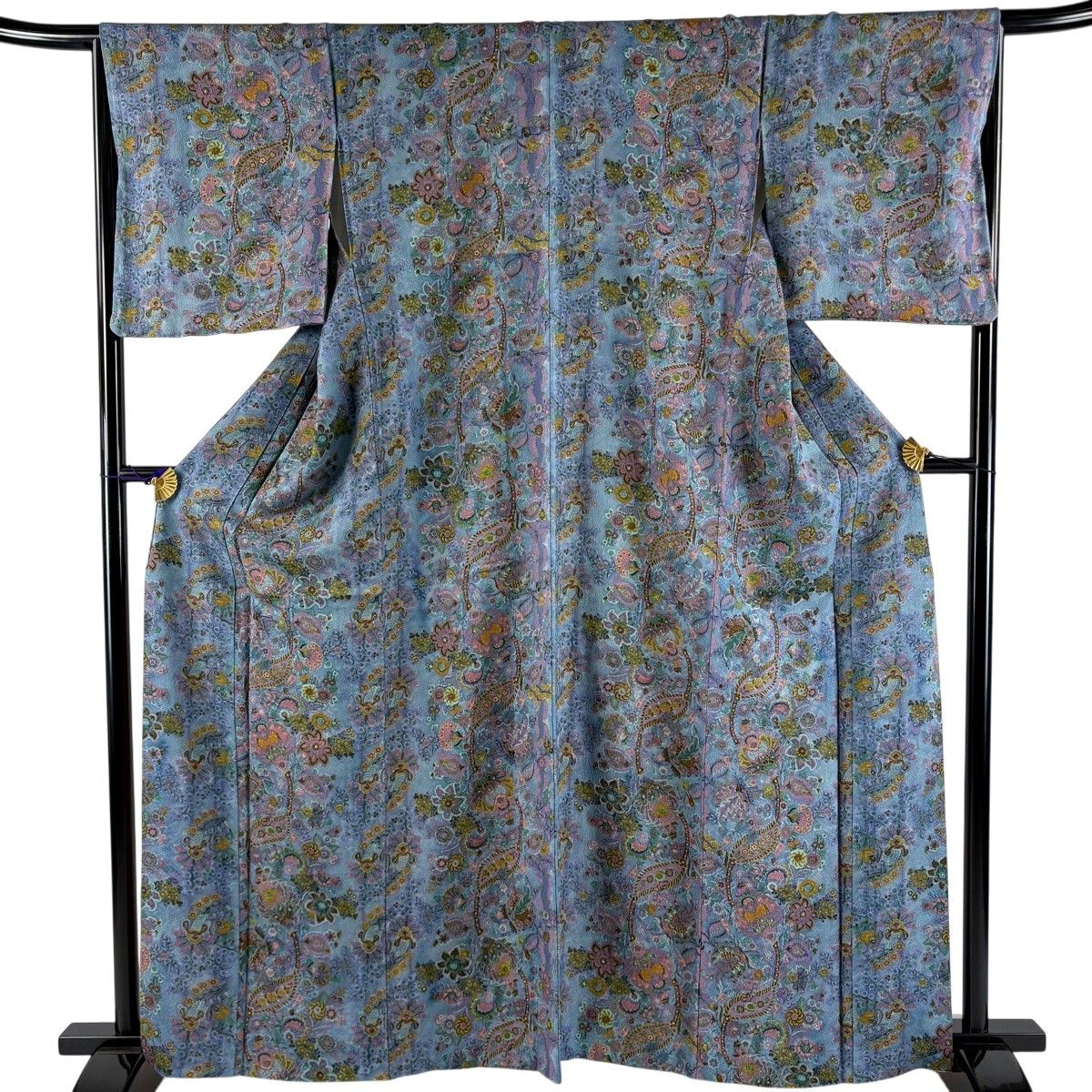 【美品】 小紋 身丈162cm 裄丈66.5cm M 袷 草花 更紗 青灰色 正絹 名品 【中古】