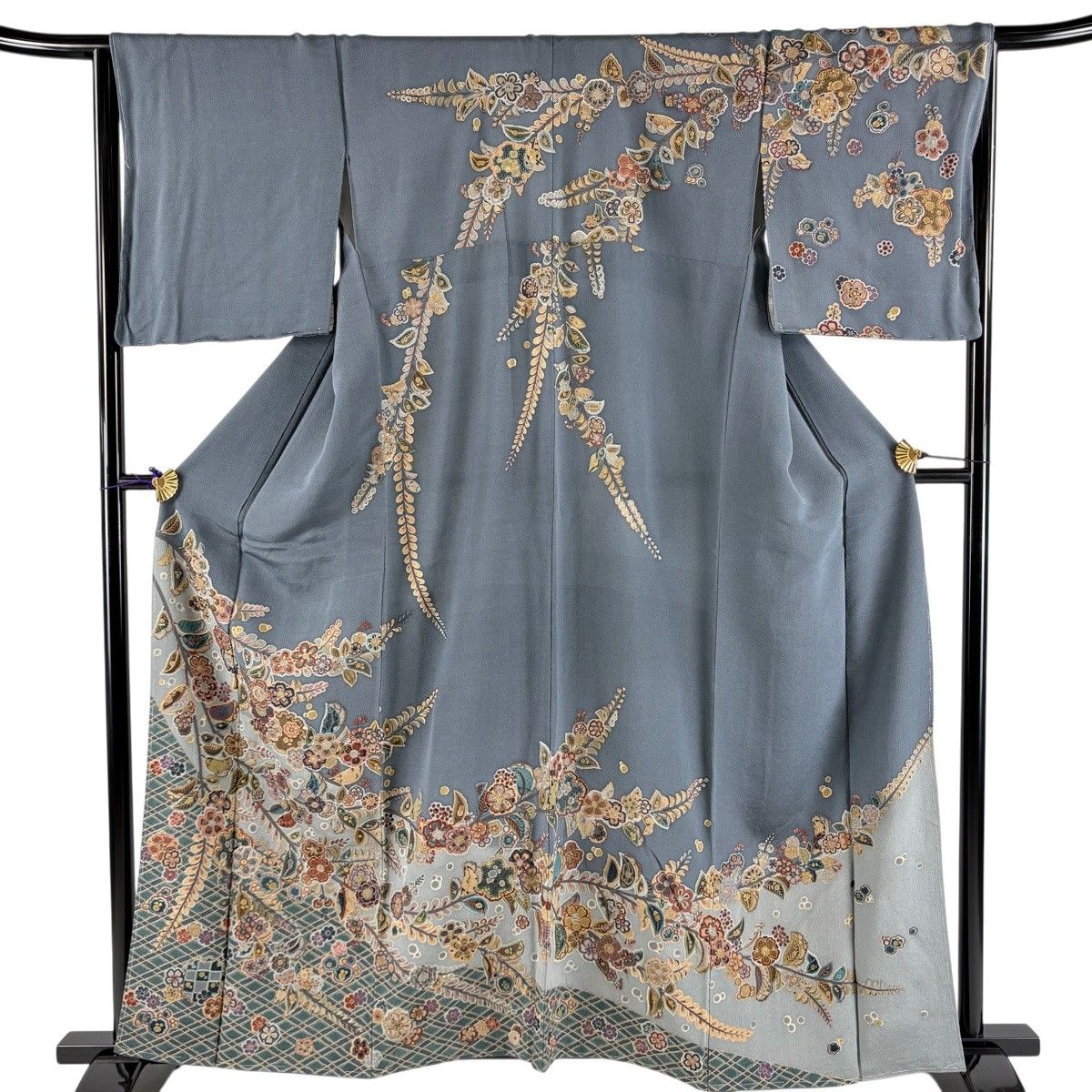 訪問着 身丈159cm 裄丈66.5cm M 袷 枝垂桜 花 刺繍 金糸 灰色 正絹 名品 【中古】 12,638円