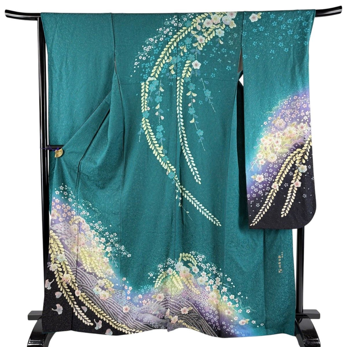 振袖 身丈166.5cm 裄丈66cm M 袷 落款 辻が花 波 銀通し 金彩 緑 正絹 名品 【中古】