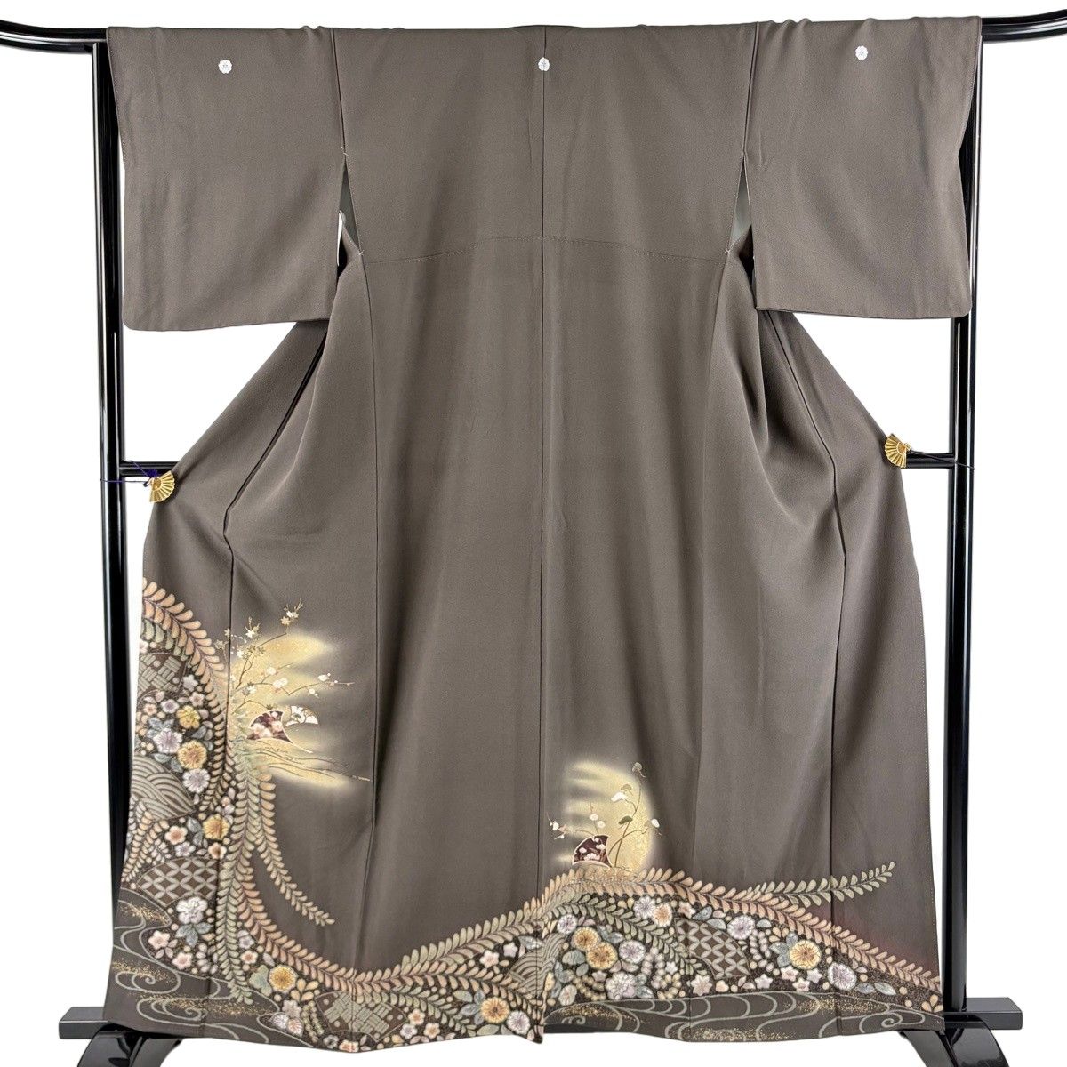 色留袖 身丈159.5cm 裄丈66cm M 袷 辻が花 扇面 金彩 ぼかし 焦茶色 