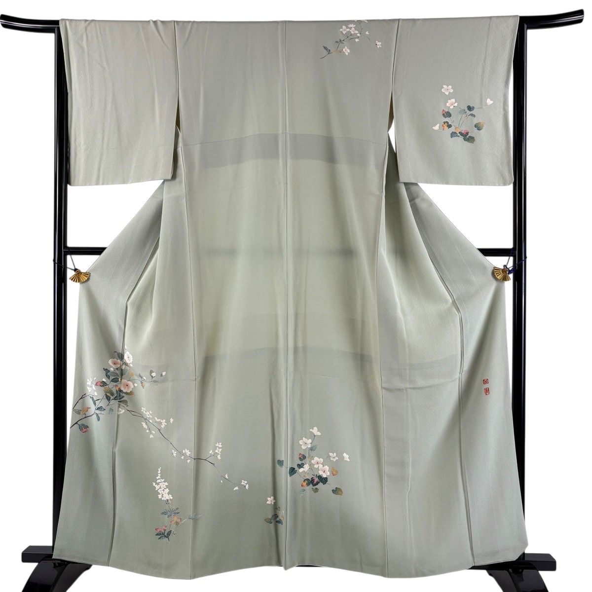 訪問着 身丈160cm 裄丈65cm M 袷 百貫達雄 落款 枝花 薄緑 正絹 名品