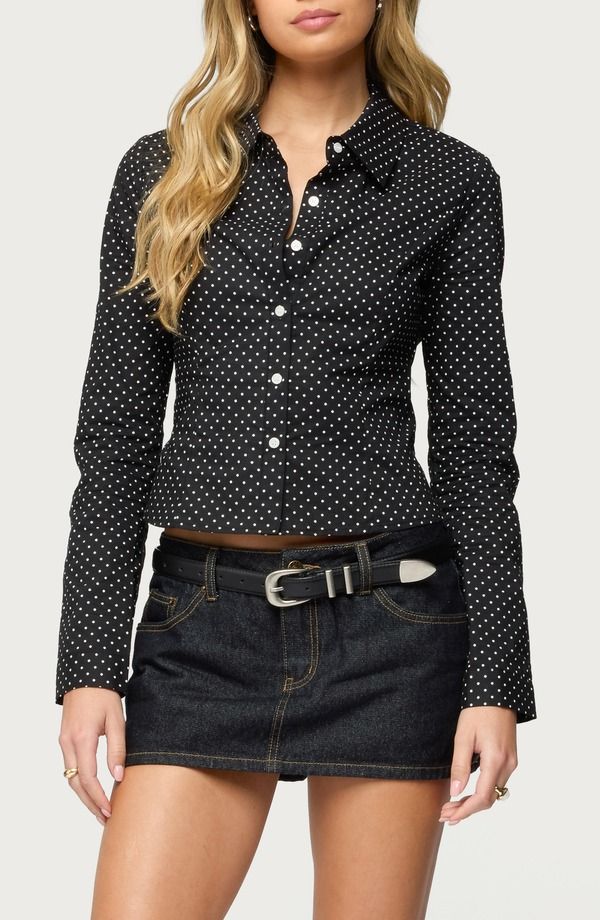 アディクテッド レディース トップス シャツ ドット柄 ドット EDIKTED Ilia Polka Dot ButtonUp Shirt BlackAndWhite ホワイト