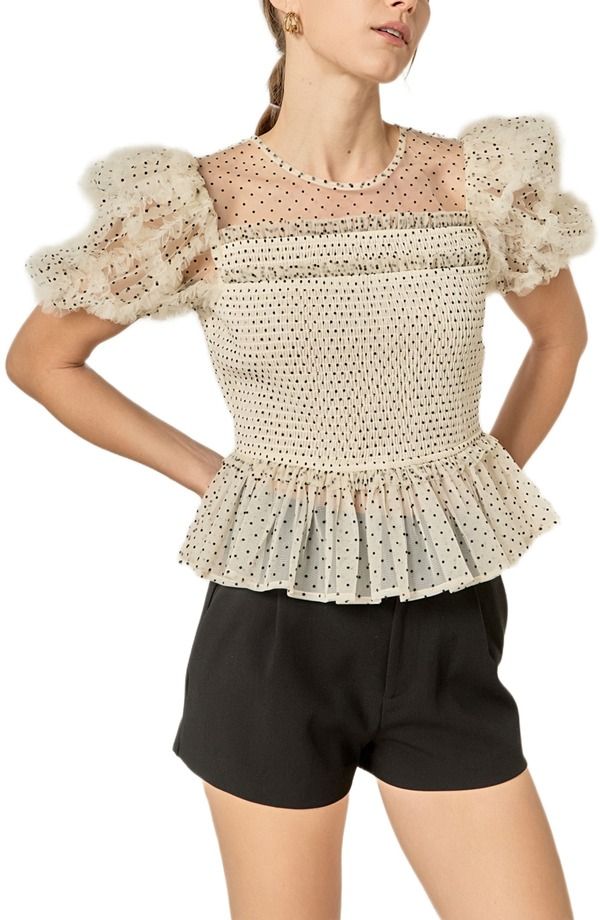 イングリッシュファクトリー レディース トップス シャツ English Factory Dot Puff Sleeve Peplum Top White Black ホワイト