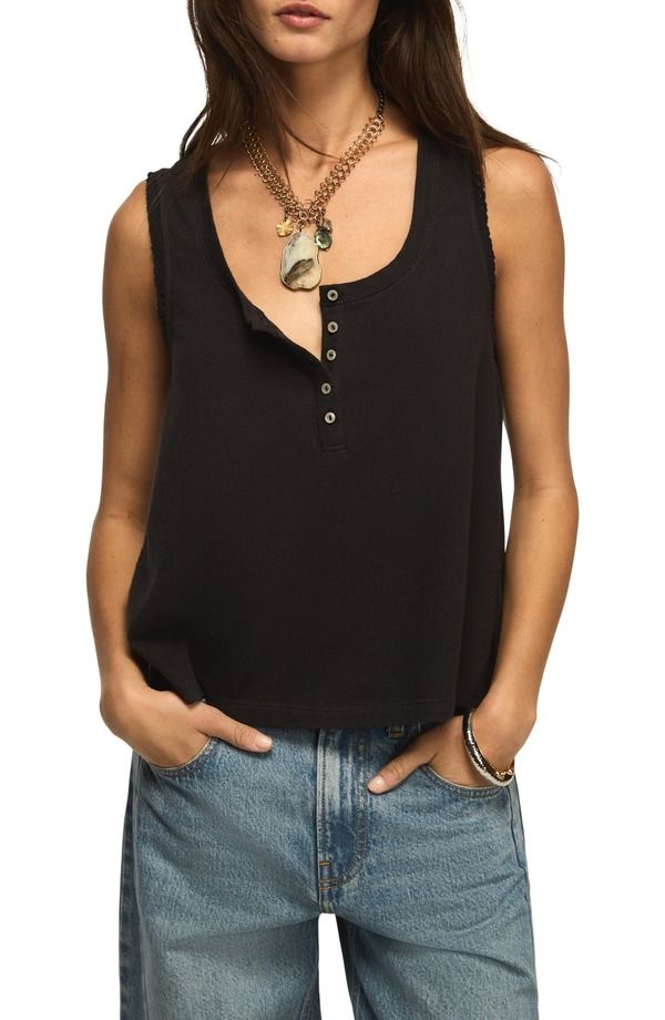 ラッキーブランド レディース トップス シャツ レーストリム レース Lucky Brand Lace Trim Henley Tank Jet Black ブラック