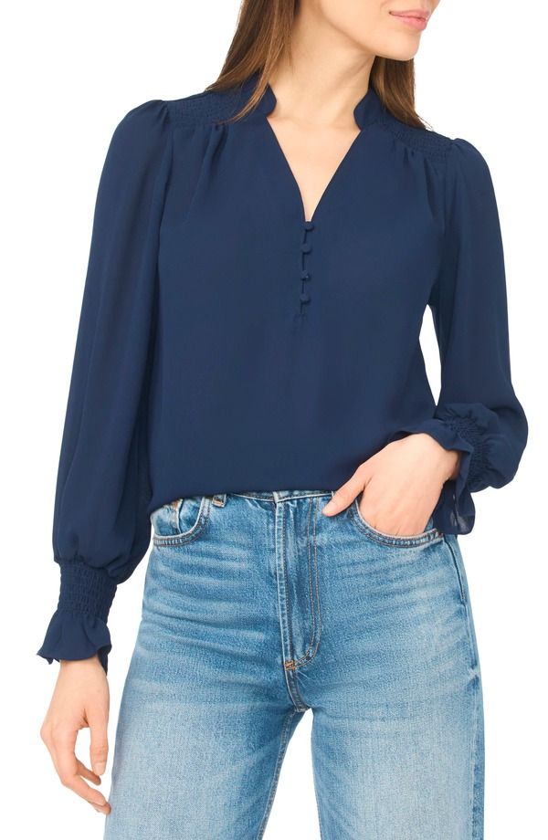 セセ レディース トップス シャツ シャーリング CeCe Half Placket Smocked Accentop Classic Navy ネイビー