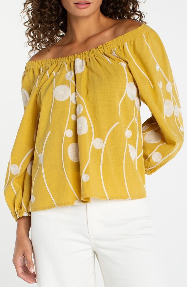リバプール レディース トップス シャツ コットン 刺繍 Liverpool Embroidered Off the Shoulder Woven Cotton Top Yellow Cream クリーム