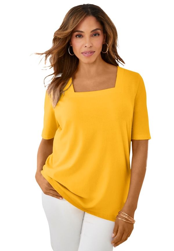 ジェシカロンドン レディース トップス シャツ コットン Jessica London Stretch Cotton Square Neck Tee Sunset Yellow イエロー