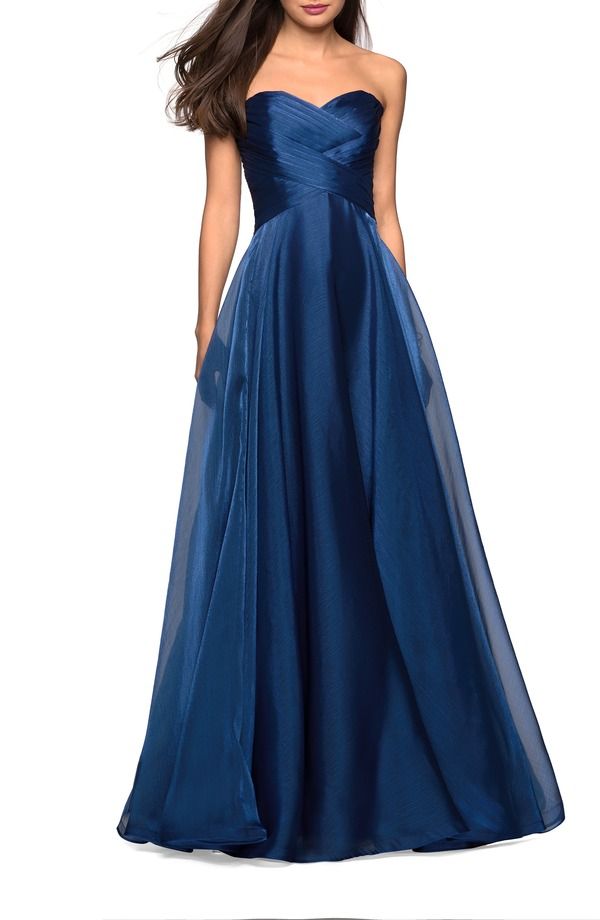 ラフェム レディース トップス ワンピース シフォン ストラップレス La Femme Strapless Chiffon Dress with Criss Cross Bodice Detail Navy ネイビー
