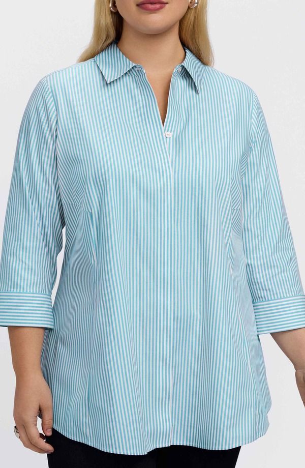 フォックスクラフト レディース トップス シャツ コットン ブラウス Foxcroft Cici Stripe Cotton Tunic Blouse Capri Blue White ホワイト