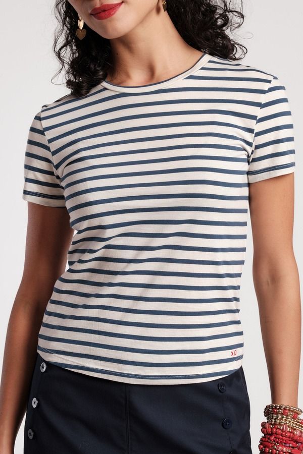 フランセスバレンタイン レディース トップス シャツ クルーネック Frances Valentine Super Crewneck T Stripe OysterNavy ネイビー