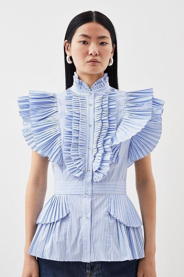 カレンミレン レディース トップス シャツ プリーツ フリル ノースリーブラウス Karen Millen Sleevelesstriped Pleated Ruffle Blouse Stripe ストライプ 38,870円