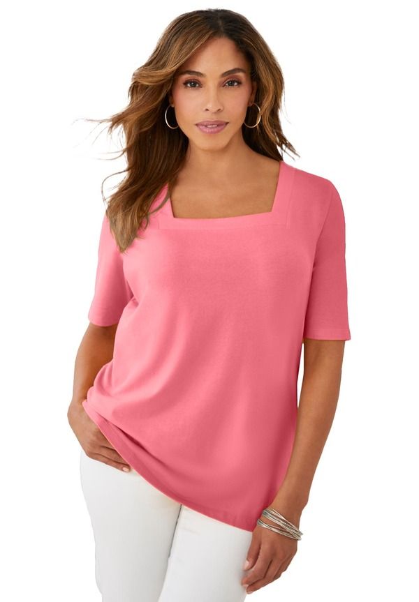 ジェシカロンドン レディース トップス シャツ コットン Jessica London Stretch Cotton Square Neck Tee Tea Rose