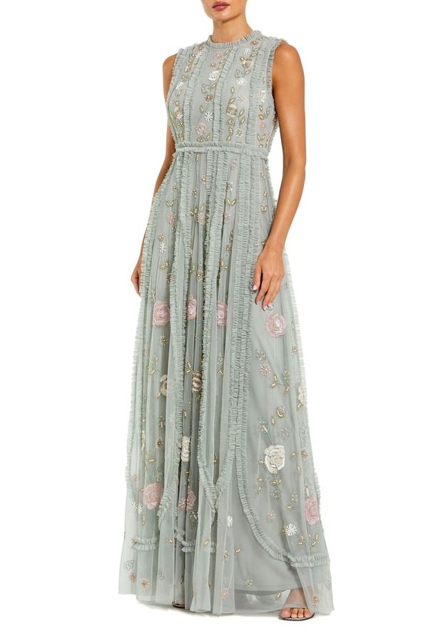 マックダガル レディース トップス ワンピース A ライン フラワー柄 プチ フリル メッシュ 刺繍 フラワー Mac Duggal Petite Floral Embroidered Mesh ALine Gown with Micro Ruffle Tri