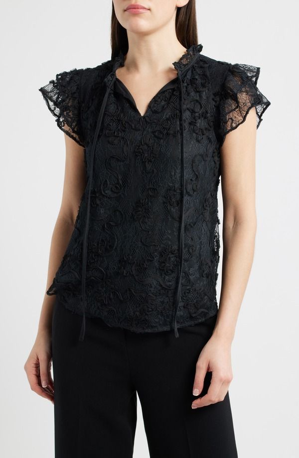 アンクライン レディース トップス シャツ フリル レース Anne Klein Ruffle Sleeve Lace Top Anne Black ブラック