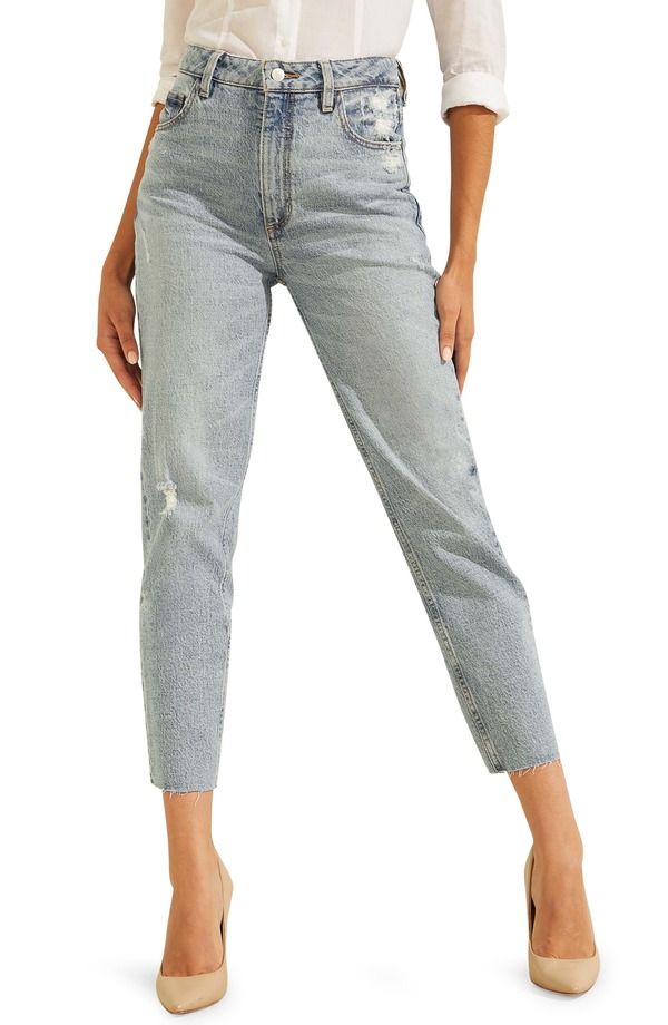 ゲス レディース ボトムス デニムパンツ アンクル ジーンズ GUESS Distressed Raw Hem Ankle Mom Jeans Moonstone Blue ブルー
