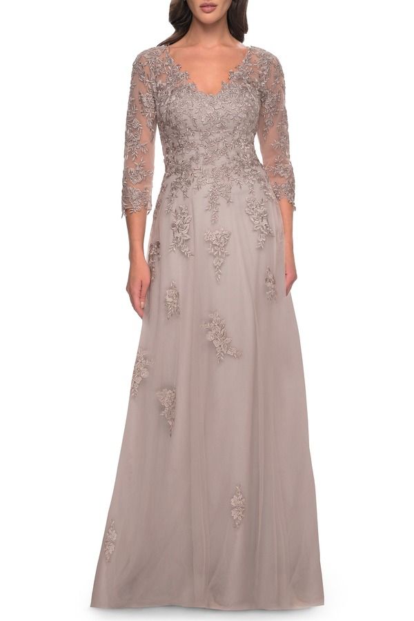 ラフェム レディース トップス ワンピース チュール A ライン レース La Femme Tulle and Lace ALine Dress with V Neckline Dusty Mauve