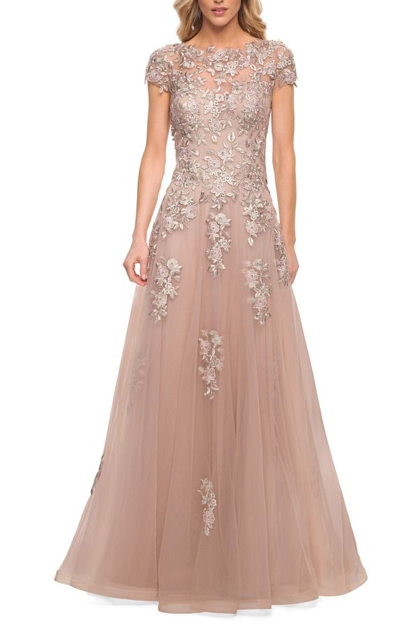 ラフェム レディース トップス ワンピース チュール スカート レース La Femme Gorgeous Lace and Tulle Gown with Full Skirt and Sleeves Blush ブラッシュ