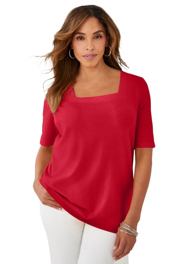 ジェシカロンドン レディース トップス シャツ コットン Jessica London Stretch Cotton Square Neck Tee Classic Red レッド