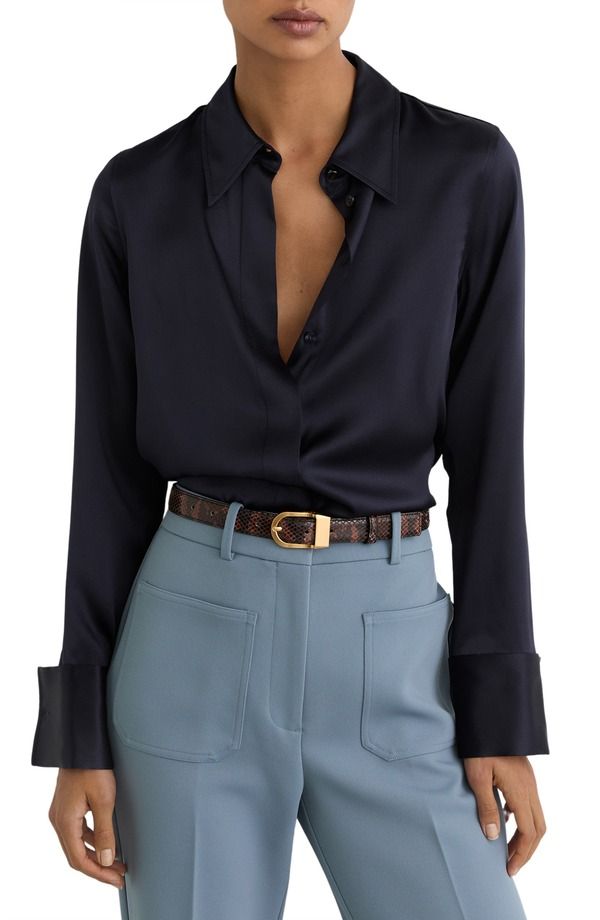 レイス レディース トップス シャツ サテン シルク Reiss Ameira Silk Satin ButtonUp Shirt Navy ネイビー