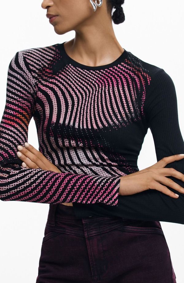 デジグアル レディース トップス シャツ プリント Desigual Printed Rib Long Sleeve Top Black ブラック