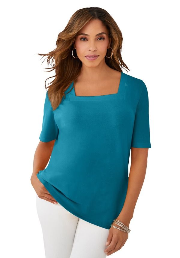 ジェシカロンドン レディース トップス シャツ コットン Jessica London Stretch Cotton Square Neck Tee Deep Teal ティール