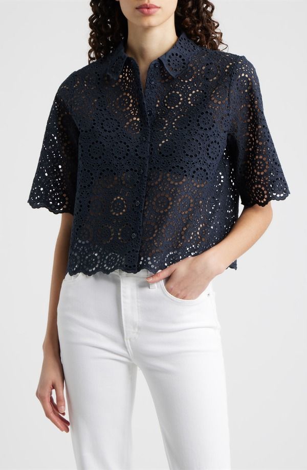 フレーム レディース トップス シャツ FRAME The Petal Eyelet Crop Shirt Navy ネイビー