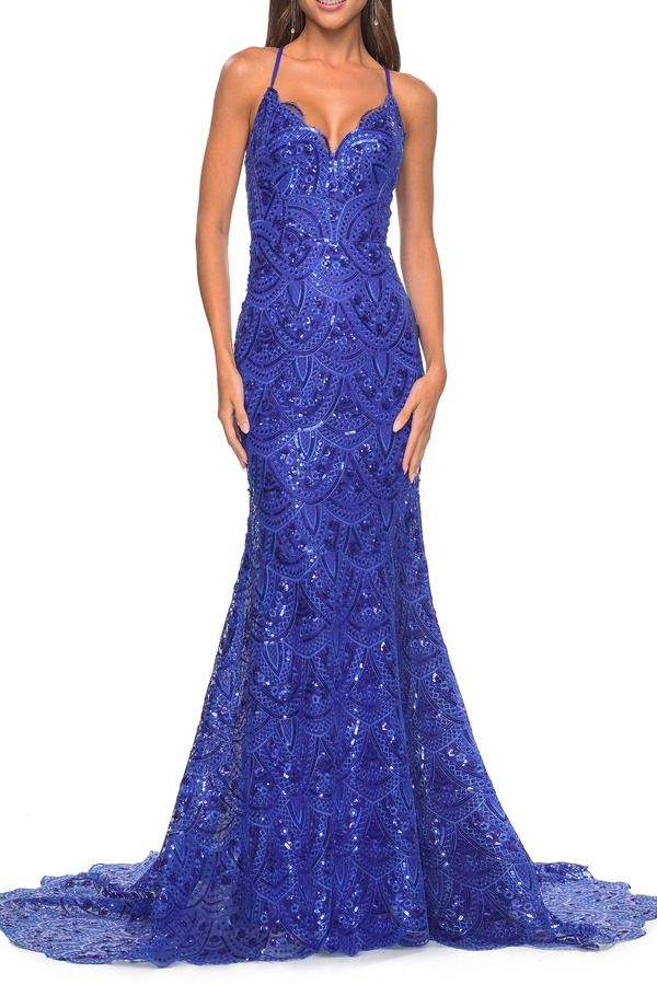 ラフェム レディース トップス ワンピース プリント スパンコール レース La Femme Print Sequin Mermaidress with Lace Up Back Royal Blue ブルー