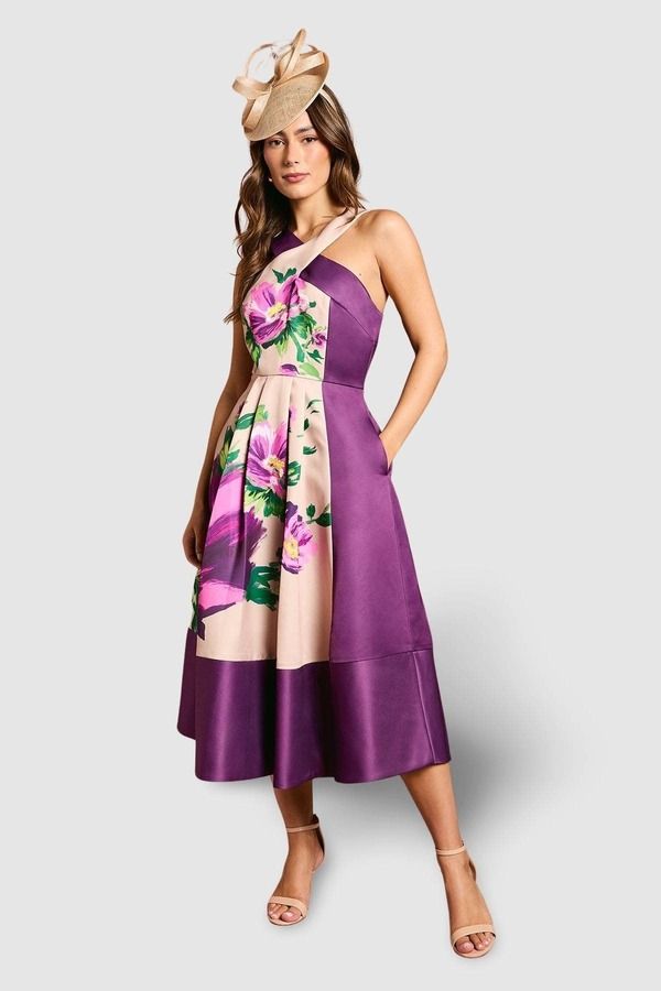 コースト レディース トップス ワンピース プリント ミディ サテン Coast Printed Cross Neck Satin Midi Dress Purple パープル