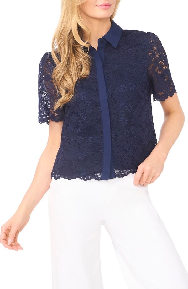 セセ レディース トップス シャツ フラワー柄 レース フラワー CeCe Floralace Short Sleeve ButtonUp Shirt Classic Navy ネイビー