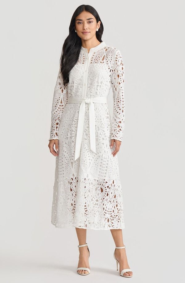 ミンウォン レディース トップス ワンピース ミディ レース Ming Wang FitNFlare Lined Laced Midi Dress White ホワイト