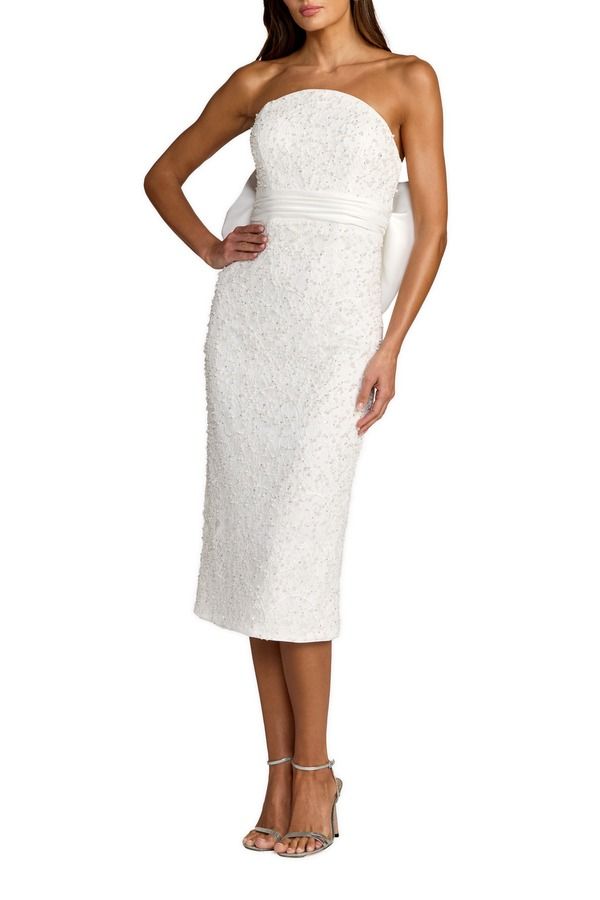 マックダガル レディース トップス ワンピース ミディ ストラップレス レース Mac Duggal Beaded Lace Strapless Bow Detail Fitted Midi Dress Ivory アイボリー