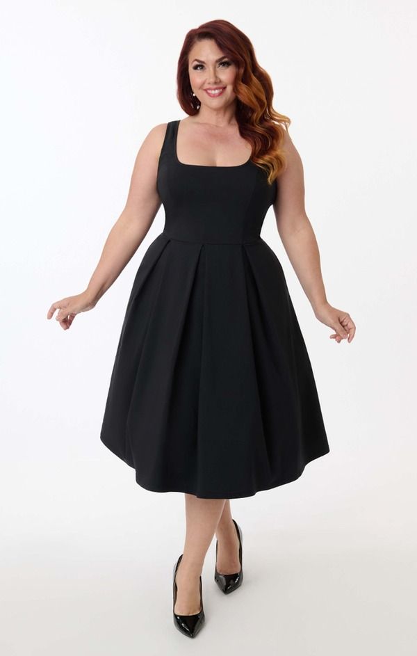ユニークビンテージ レディース トップス ワンピース プラスサイズ プリーツ Unique Vintage Plusize Square Neck Pleated Swing Dress Black ブラック