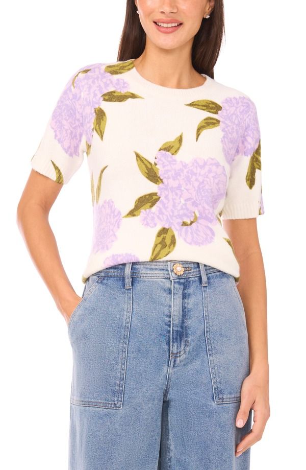 セセ レディース トップス シャツ プリント セーター CeCe Hydrangea Print Short Sleeve Sweater Orchid Petal