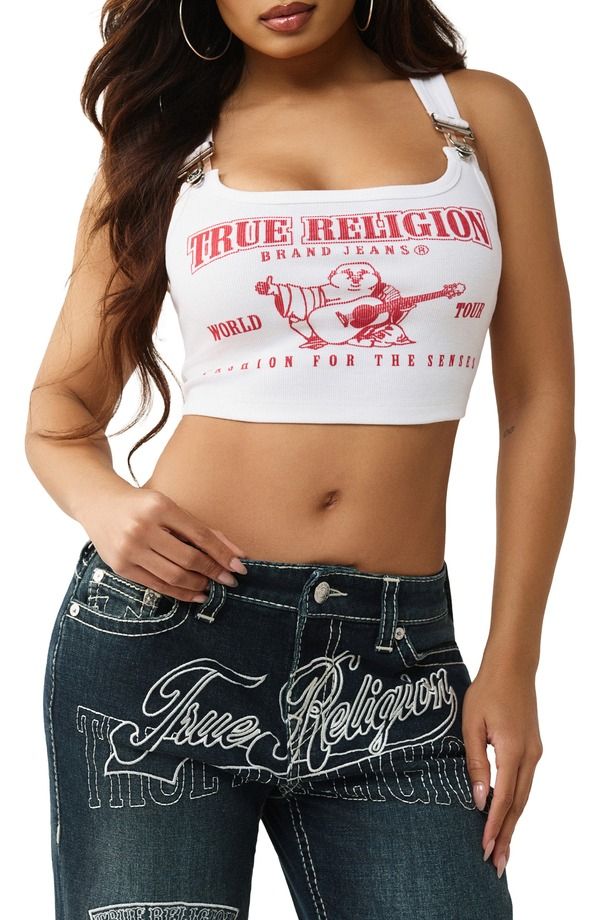 トゥルーレリジョン レディース トップス シャツ True Religion Buddha Rib Crop Overal Buckle Tank Optic White ホワイト