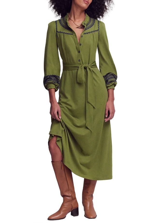 ボーデン レディース トップス ワンピース フリル ミディ シャツ 刺繍 Boden Embroidered Ruffle Trimidi Shirtdress Olive オリーブ