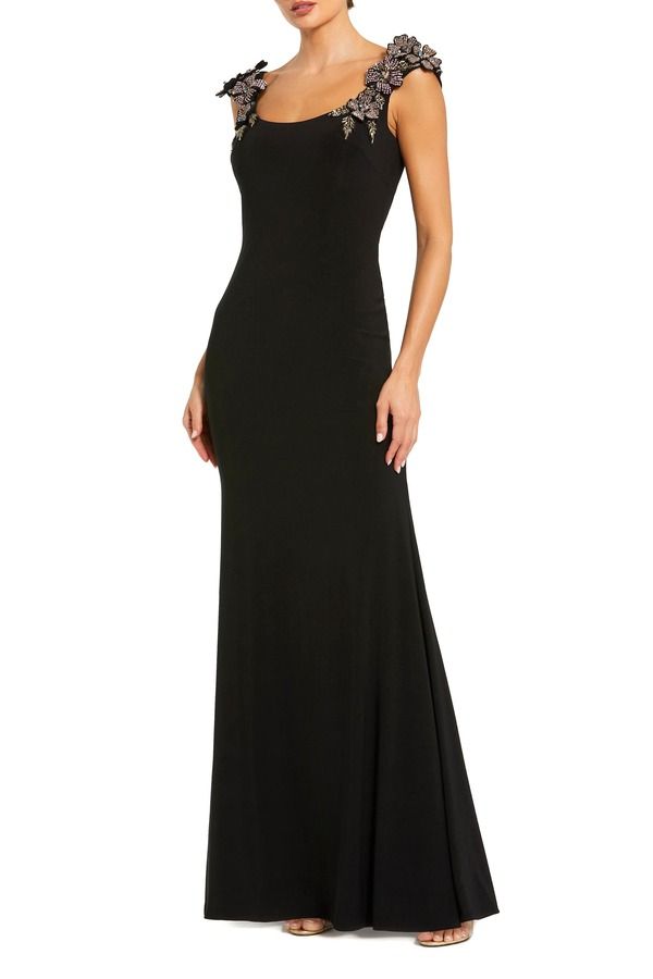 マックダガル レディース トップス ワンピース ジャージー Mac Duggal Jersey Scoop Neck Gown with 3D Flower Details Black ブラック
